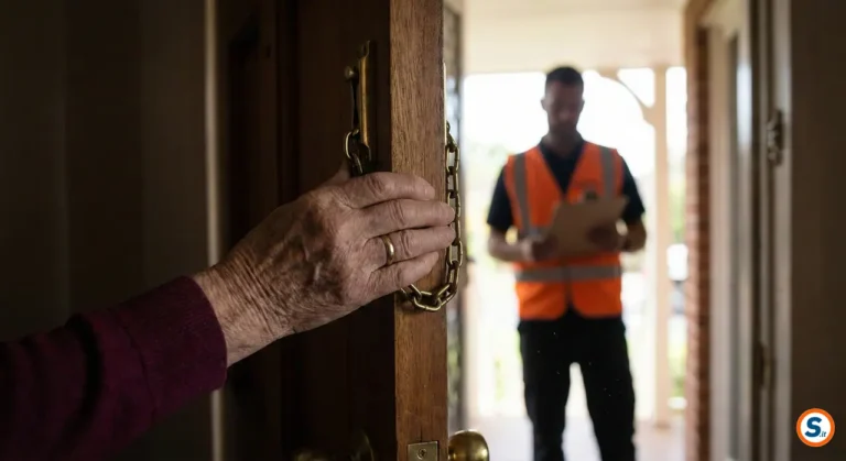 Anziano tiene la porta socchiusa con catenella di sicurezza davanti a un venditore porta a porta.