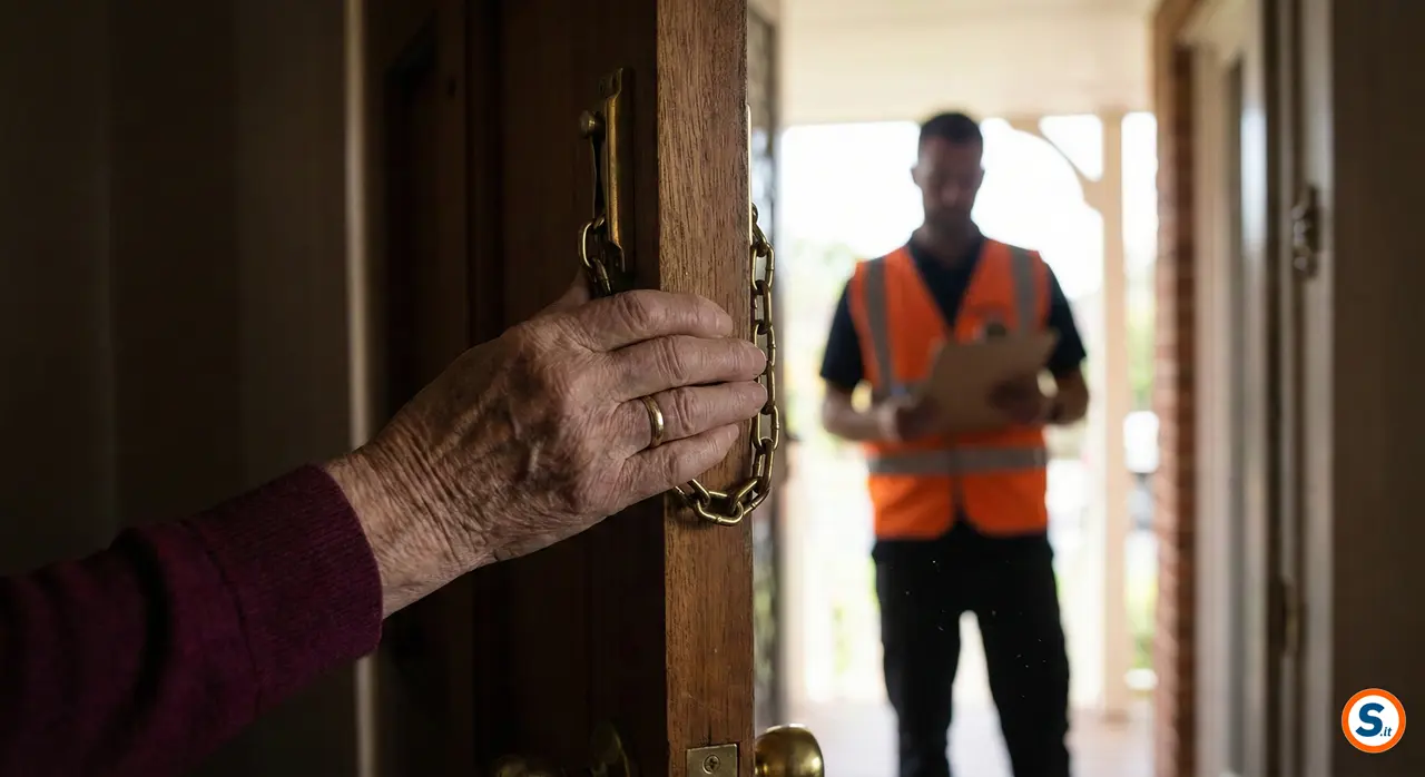 Anziano tiene la porta socchiusa con catenella di sicurezza davanti a un venditore porta a porta.