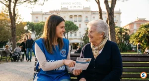 Volontario spiega a un'anziana come difendersi dalle truffe a Rimini.