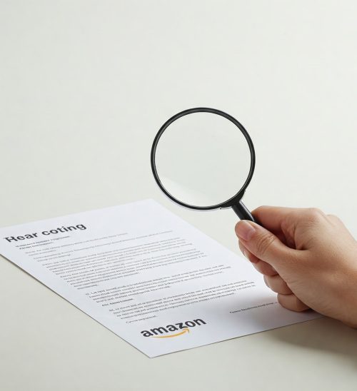 una mano che mostra una lente d’ingrandimento sopra un contratto o un documento legale, con icona di Amazon accanto.