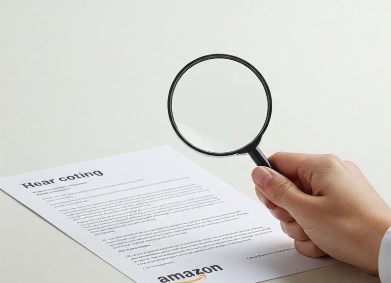 una mano che mostra una lente d’ingrandimento sopra un contratto o un documento legale, con icona di Amazon accanto.