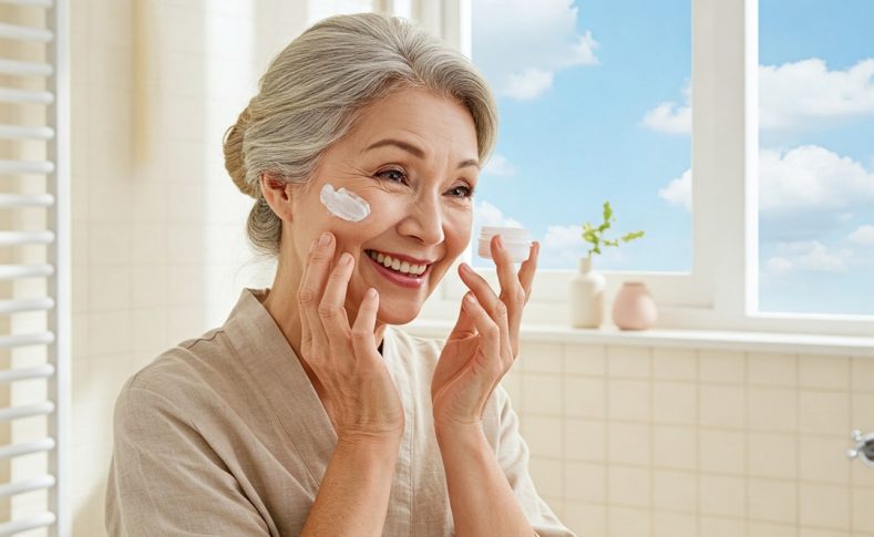 anziana sorridente applica crema viso in bagno luminoso