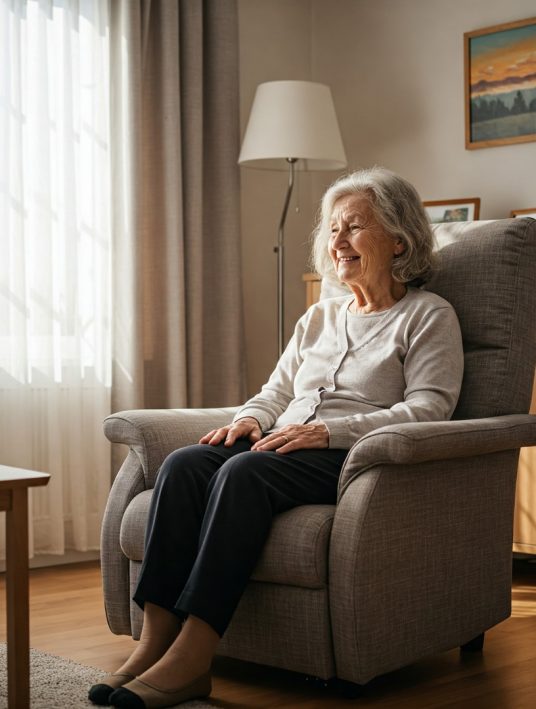 immagine principale magazine Anziana sorridente seduta su una poltrona ergonomica in un ambiente domestico luminoso,